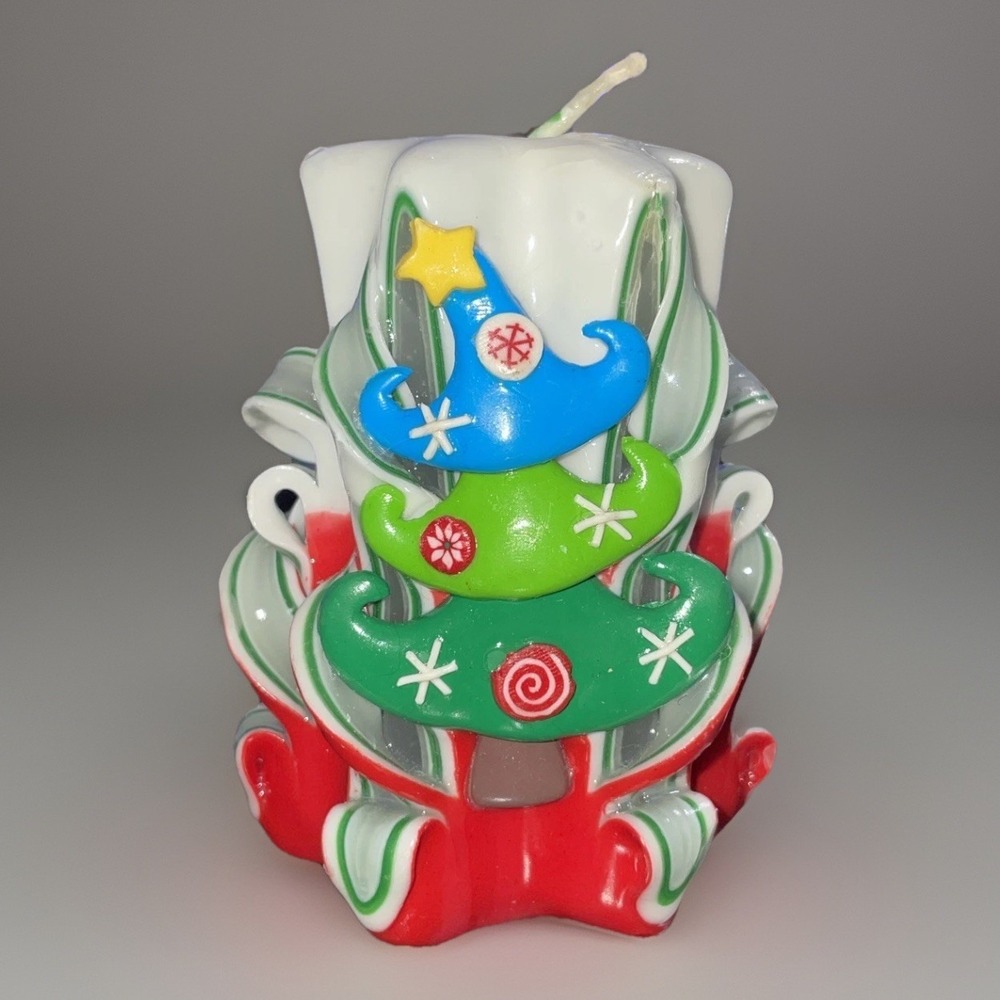 VTG Christmas Tree Hand‎ Carved Ribbon Wax Candle Designs Green Red White GID